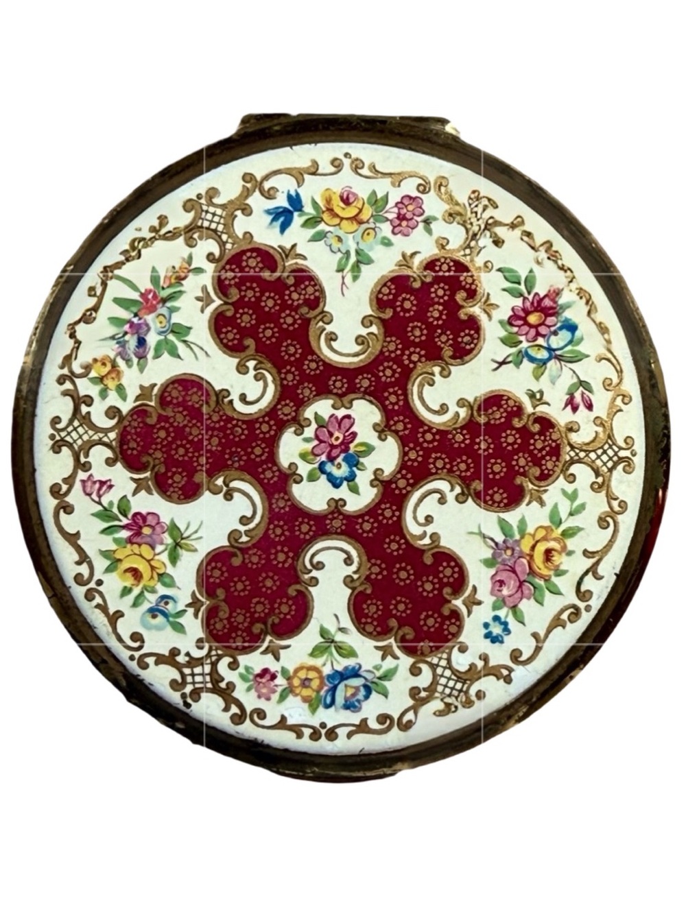 Vintage Mid Century Stratton Red & Cream Florentine Floral Round Compact